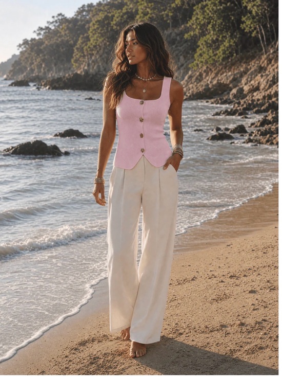 Love Tree Pants - Sleeveless Pink Button-Front Knit Top